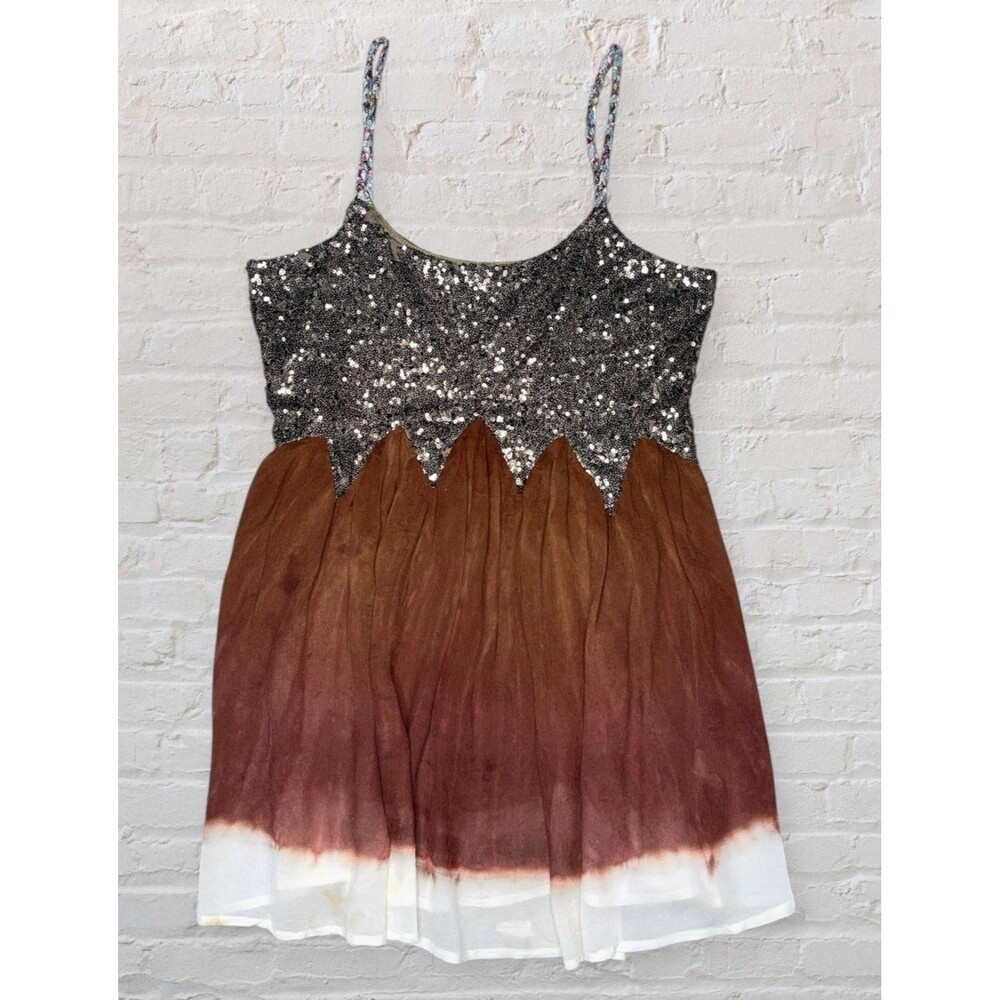 BKE Buckle Sequin Silk Tank Top Cami Shirt Woman SM Brown Flowy Boho Y2K Hippie